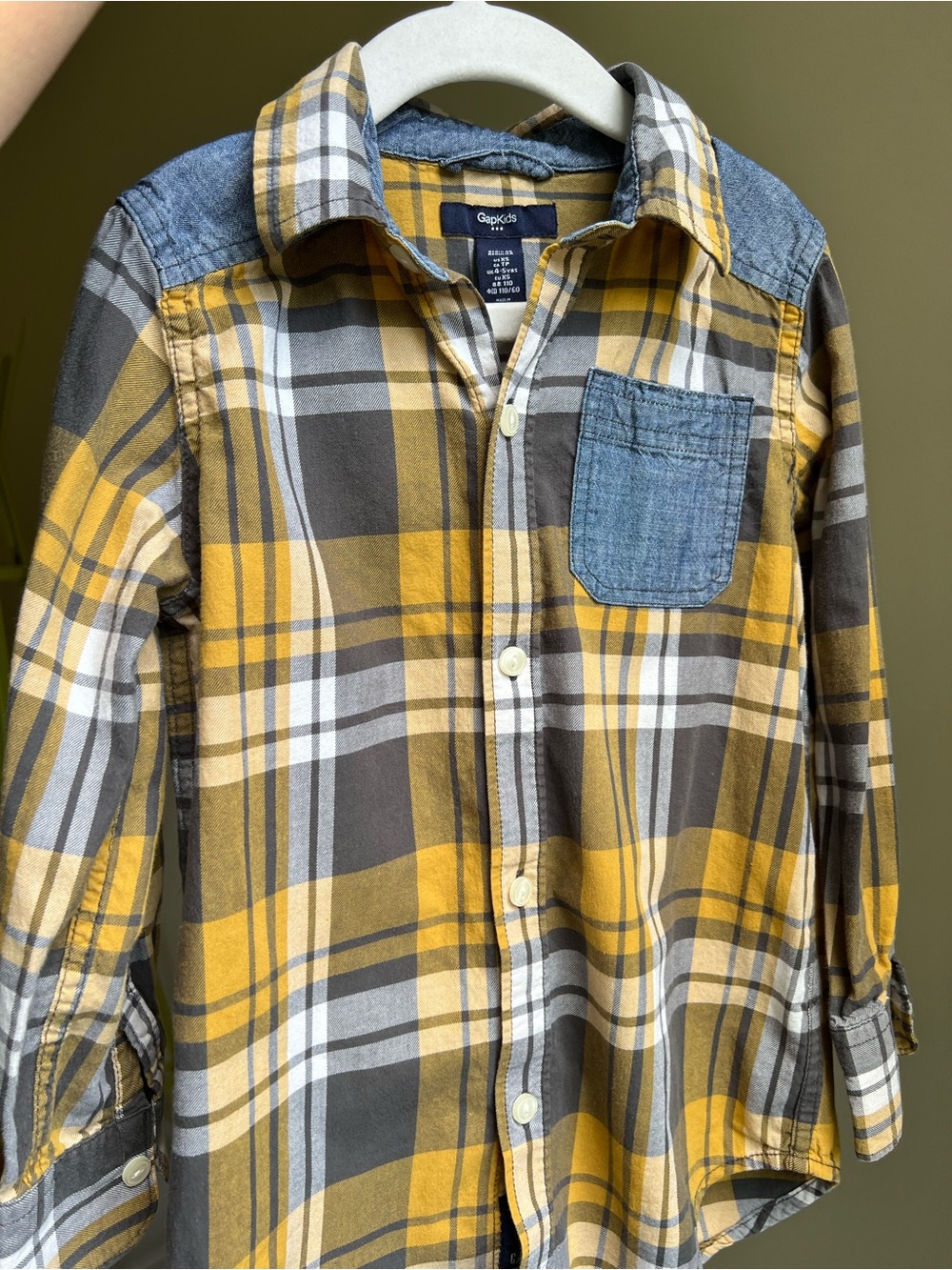 GAP size 4-5 Mustard Yellow, Gray & Blue Plaid Button-Up Shirt 100% Cotton